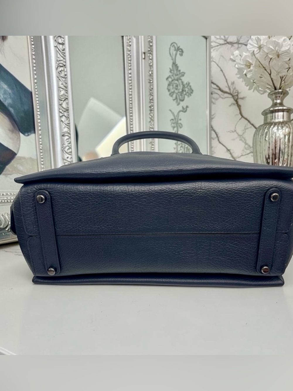 *SOLD* COACH Drew Satchel Navy Snakeskin Detail Top Handle Bag Crossbody - Picture 9 of 11